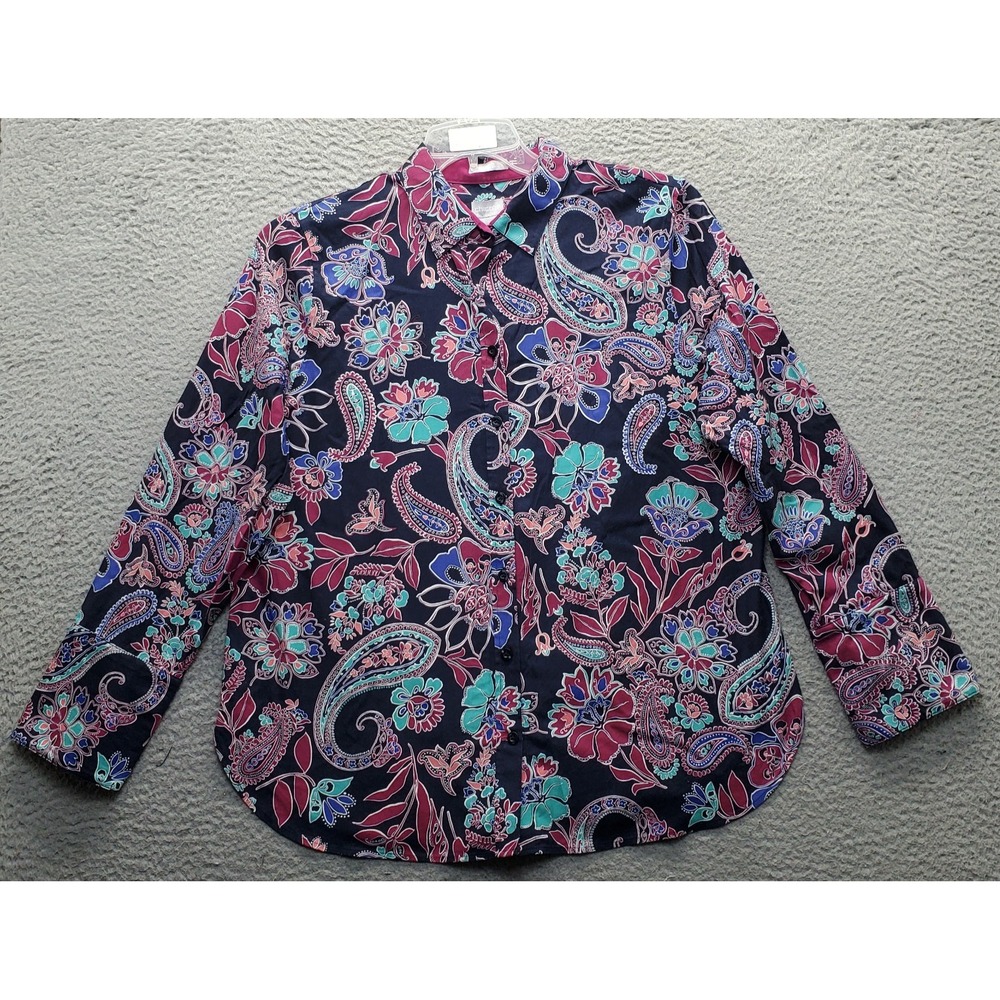 Chico's Shirt Womens 12 Multi Paisley Non-Iron Chic Stretch Classic Button-Up